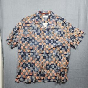 Caribbean Mens Hawaiian Silk Shirt XL Short Sleeve Button Up Blue Red Geometric